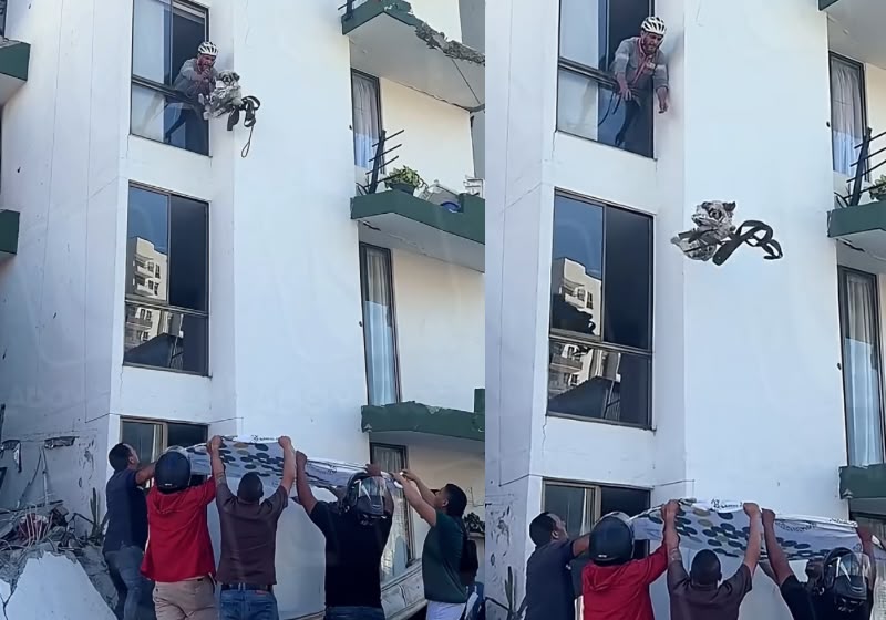 Moradores usam lençol para salvar cachorrinho preso após terremoto; vídeo