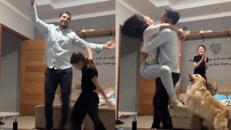 Pai dança para animar filha após dia difícil e alegria contagia a família inteira